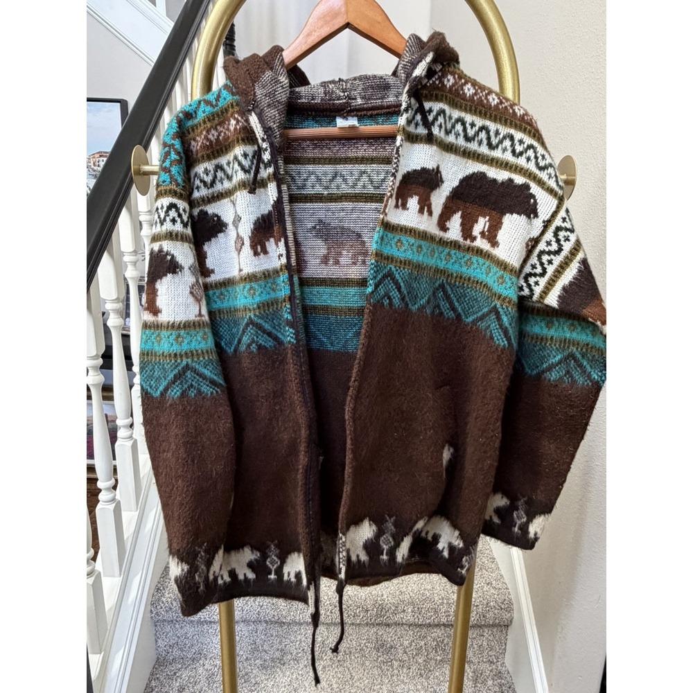 Alpaca Wool Bear Knit Open Hoodie Sweater Cardigan Fair Isle Boho Earthy Warm